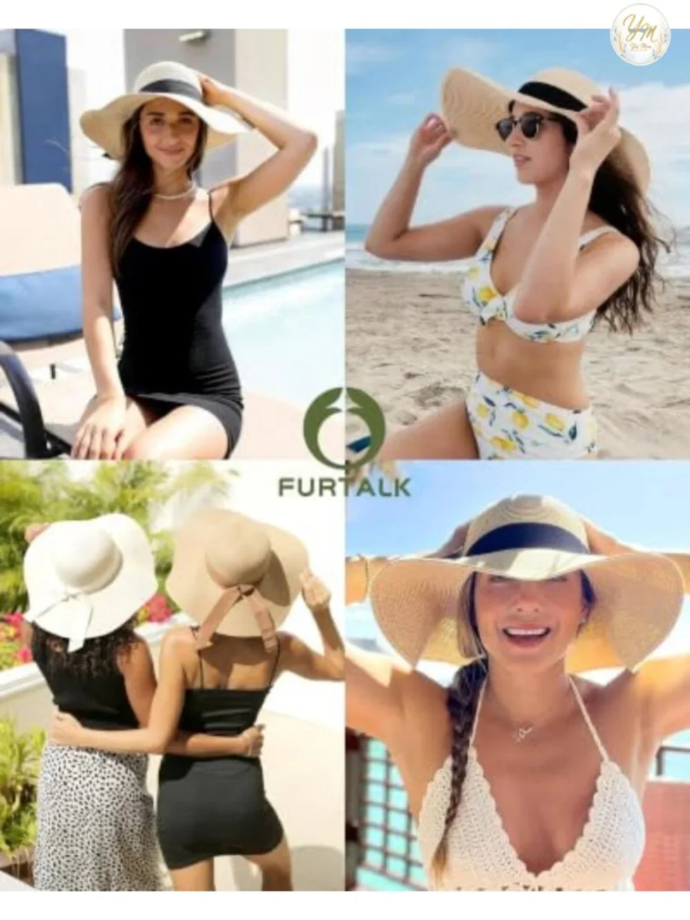 Womens Wide Brim Floppy Paper Straw Sun Hat with Adjustable Chin Strap,